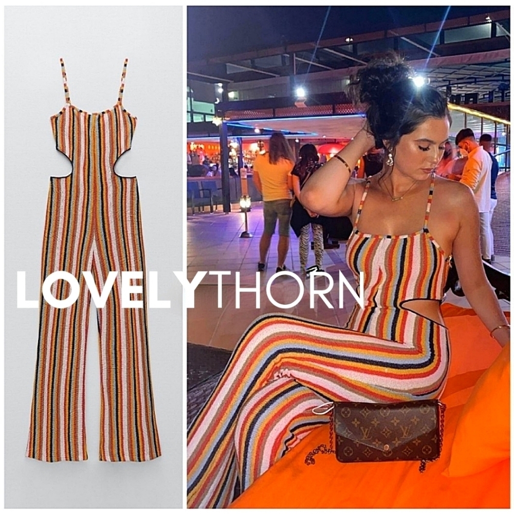 ZARA // ltd ed rainbow stripe knit cut out spaghetti strap straight leg jumpsuit